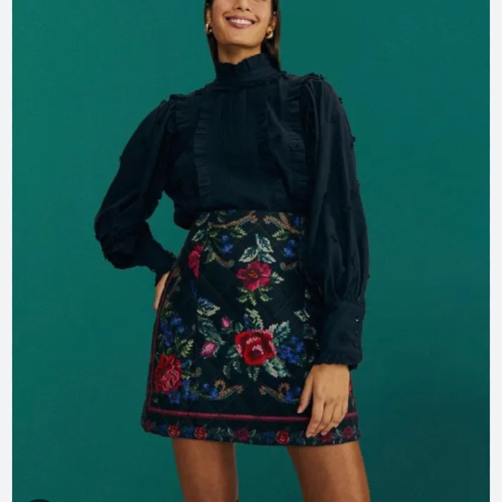 FARM Rio Black Skirt with Colorful Floral Design